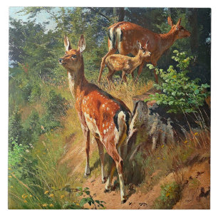 Two Deer And Cute Fawn In The Forest Ceramic Tile