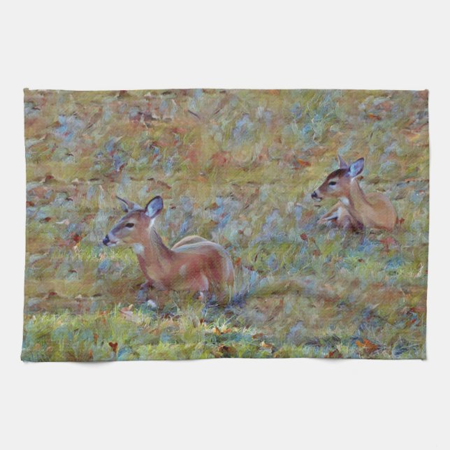 Two Deer Baby Deer Resting Meadow Art Towel (Horizontal)
