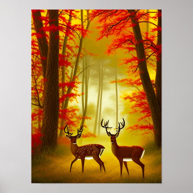 Two deer in an Autumn Forest / Woods Poster (Front)