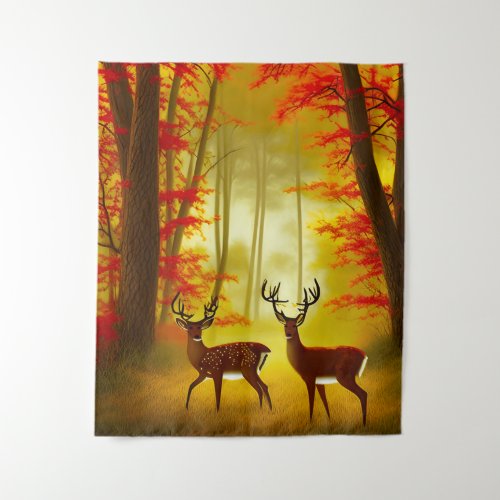 Two deer in an Autumn Forest  Woods Tapestry
