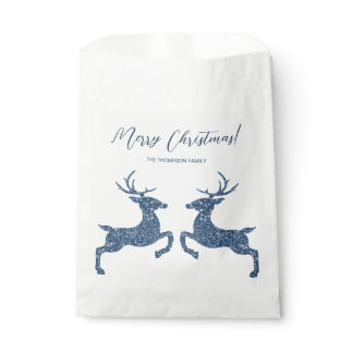 Two Deer In Faux Blue Glitter Look And Custom Text Favor Bag
