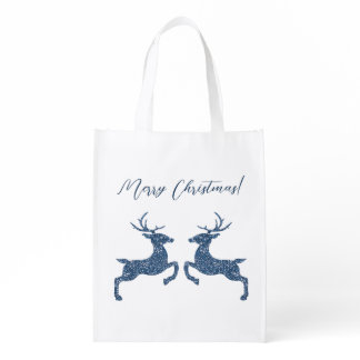 Two Deer In Faux Blue Glitter Look And Custom Text Grocery Bag