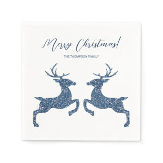 Two Deer In Faux Blue Glitter Look And Custom Text Napkins