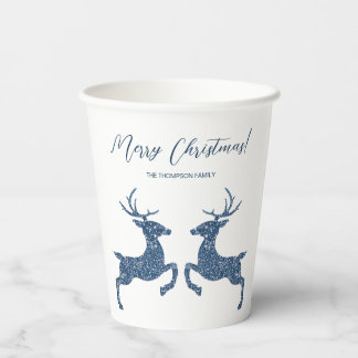 Two Deer In Faux Blue Glitter Look And Custom Text Paper Cups