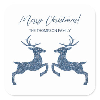 Two Deer In Faux Blue Glitter Look And Custom Text Square Sticker