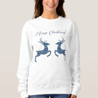 Two Deer In Faux Blue Glitter Look And Custom Text Sweatshirt