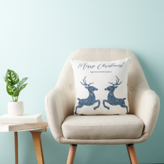 Two Deer In Faux Blue Glitter Look And Custom Text Throw Pillow