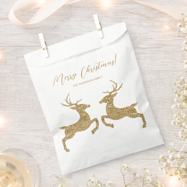 Two Deer In Faux Golden Yellow Glitter With Text Favor Bag (Clipped)