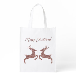 Two Deer In Faux Rose Gold Pink Glitter Look Grocery Bag