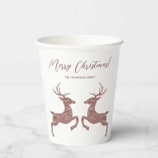 Two Deer In Faux Rose Gold Pink Glitter Look Paper Cups