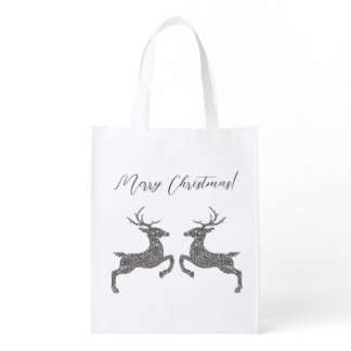 Two Deer In Faux Silver Glitter With Custom Text Grocery Bag