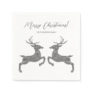 Two Deer In Faux Silver Glitter With Custom Text Napkins