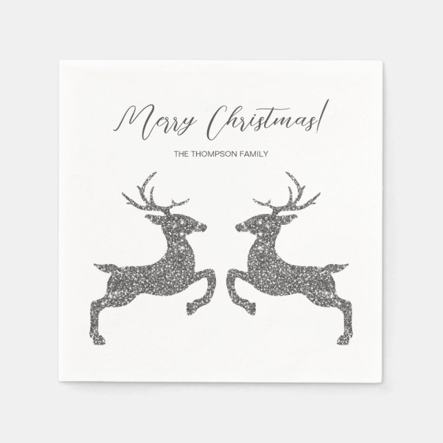Two Deer In Faux Silver Glitter With Custom Text Napkins (Front)