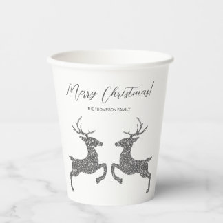 Two Deer In Faux Silver Glitter With Custom Text Paper Cups