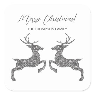 Two Deer In Faux Silver Glitter With Custom Text Square Sticker