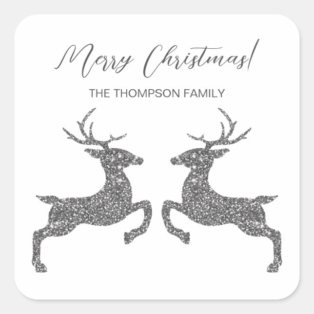 Two Deer In Faux Silver Glitter With Custom Text Square Sticker (Front)