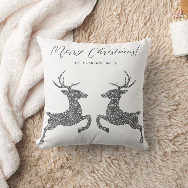 Two Deer In Faux Silver Glitter With Custom Text Throw Pillow (Blanket)