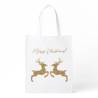 Two Deer In Faux Yellow Glitter Look With Text Grocery Bag