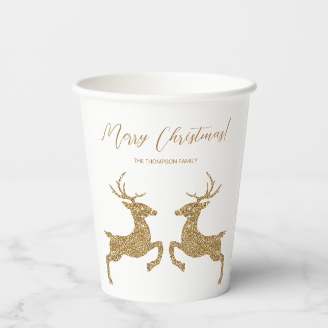 Two Deer In Faux Yellow Glitter Look With Text Paper Cups (Back)