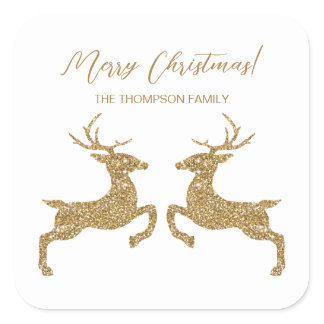 Two Deer In Faux Yellow Glitter With Custom Text Square Sticker