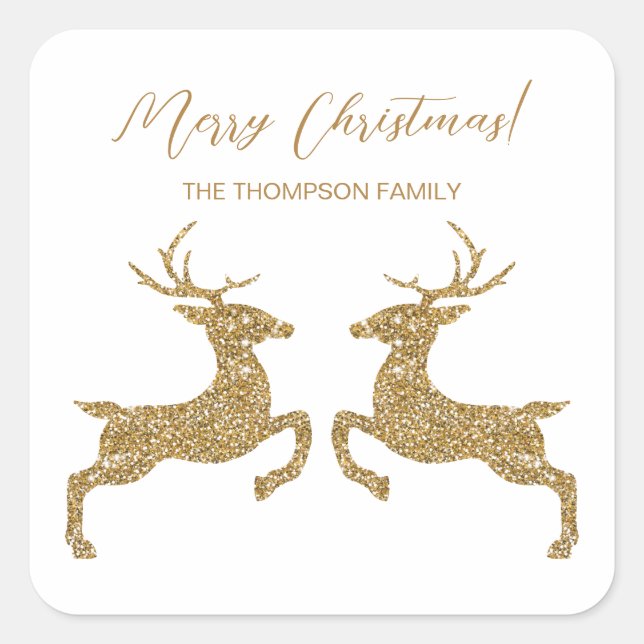Two Deer In Faux Yellow Glitter With Custom Text Square Sticker (Front)