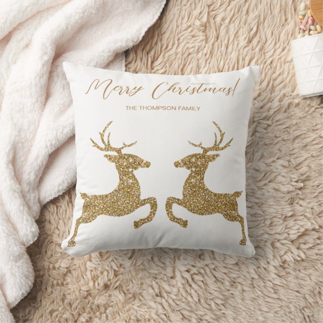 Two Deer In Faux Yellow Glitter With Custom Text Throw Pillow (Blanket)