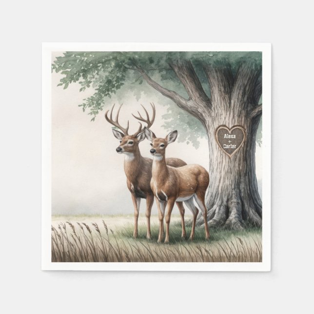 Two Deer With Carved Heart and Names Napkins (Front)