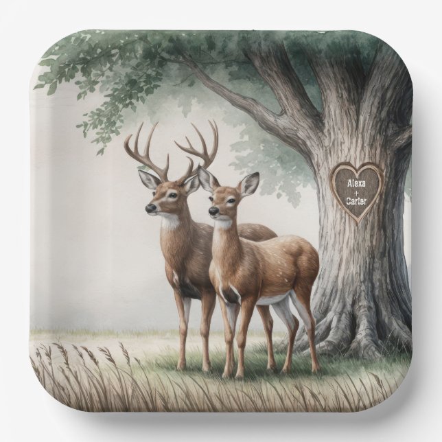 Two Deer With Carved Heart and Names Paper Plates (Front)
