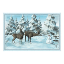Two Deers and a Snowman