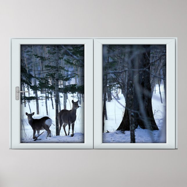 Two Deers in the Winter Window with a View Poster (Front)