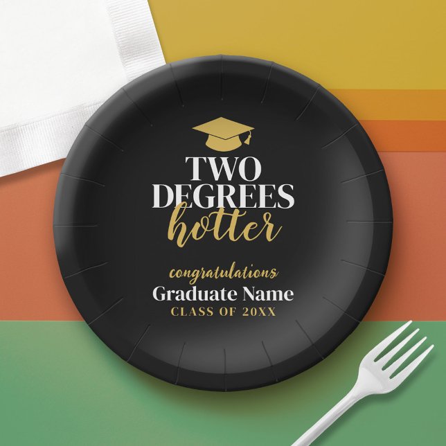 Two Degrees Hotter - Name - Black Gold Graduation Paper Plates (Custom Graduation Paper Plate)