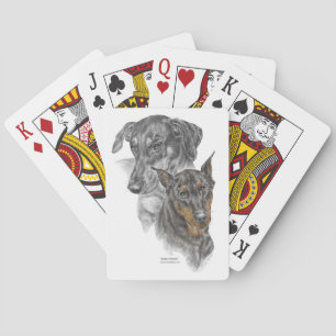 Two Doberman Pinscher Dogs Playing Cards