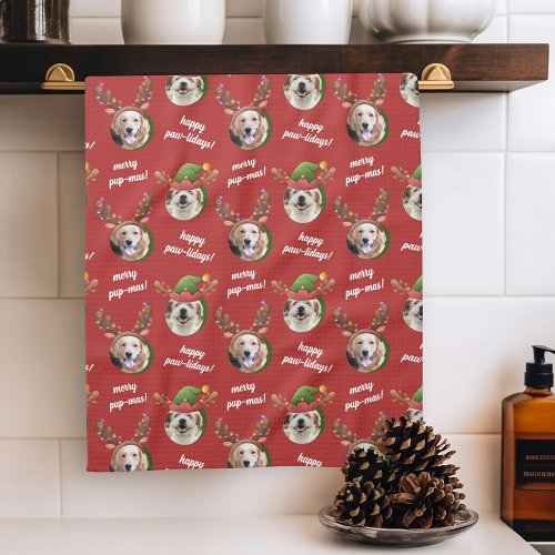 Two Dog Photo Elf  Reindeer Antler Hat Christmas Kitchen Towel