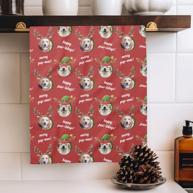 Two Dog Photo Elf & Reindeer Antler Hat Christmas Kitchen Towel (Creator Uploaded)