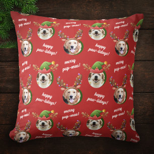 Two Dog Photo Elf & Reindeer Antler Hat Christmas Throw Pillow