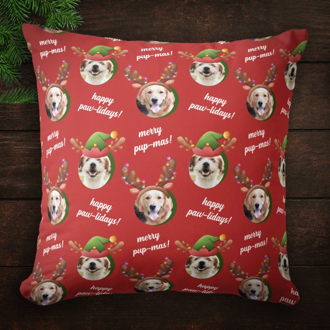 Two Dog Photo Elf & Reindeer Antler Hat Christmas Throw Pillow (Creator Uploaded)