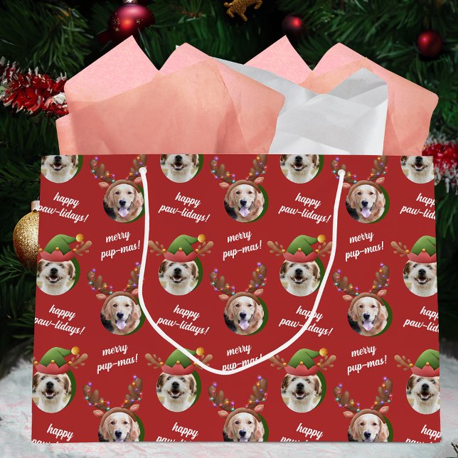 Two Dog Photo Reindeer Antler Merry Christmas Red Large Gift Bag (Creator Uploaded)