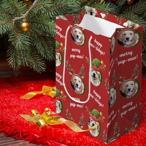 Two Dog Photo Reindeer Antler Merry Christmas Red Medium Gift Bag