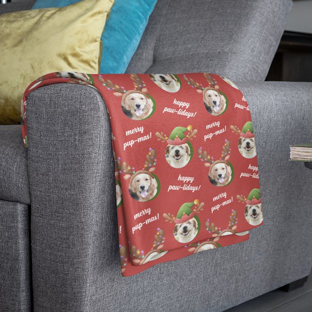 Two Dog Photo Reindeer Antler Merry Christmas Red Sherpa Blanket (Creator Uploaded)