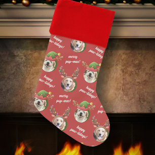 Two Dog Photo Reindeer Antler Merry Christmas Red Stocking