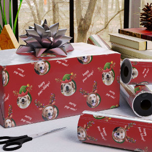 Two Dog Photo Reindeer Antler Merry Christmas Red Wrapping Paper