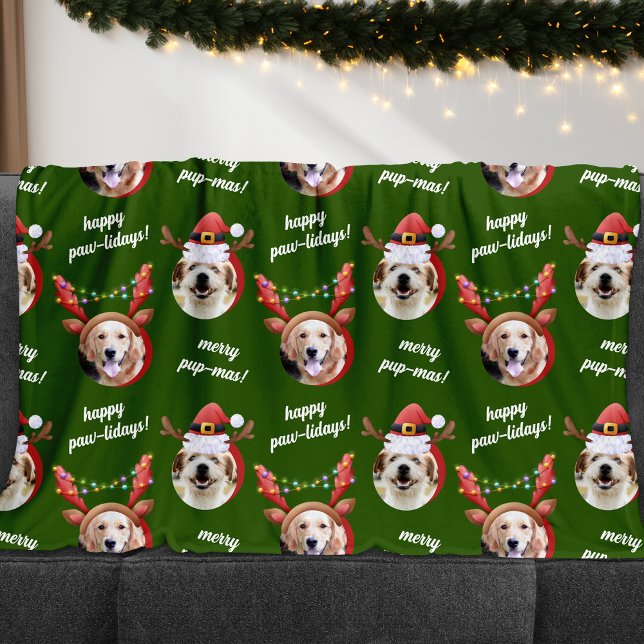 Two Dog Photo Reindeer Merry Christmas Green Fleece Blanket (Creator Uploaded)