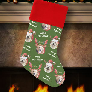 Two Dog Photo Reindeer Merry Christmas Green Stocking