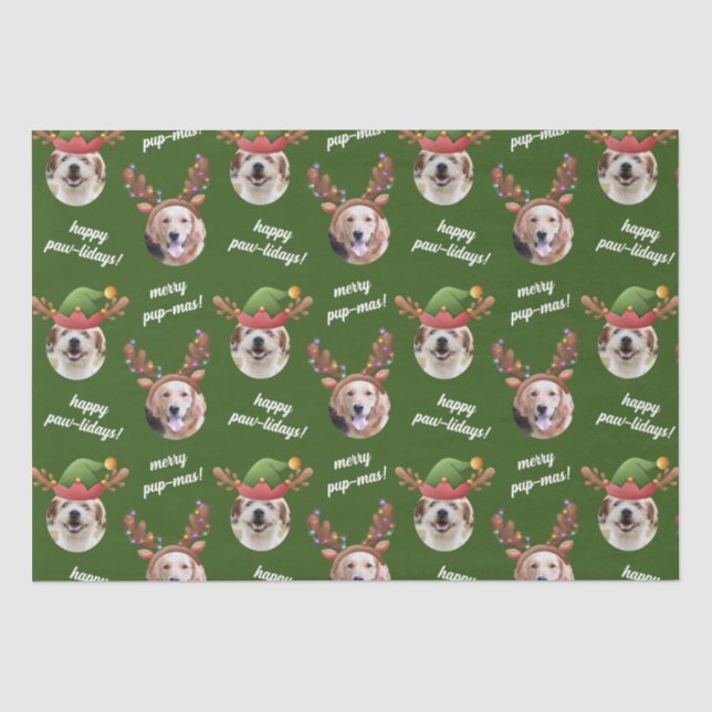 Two Dog Photo Reindeer Merry Christmas Green Tissue Paper (Front)
