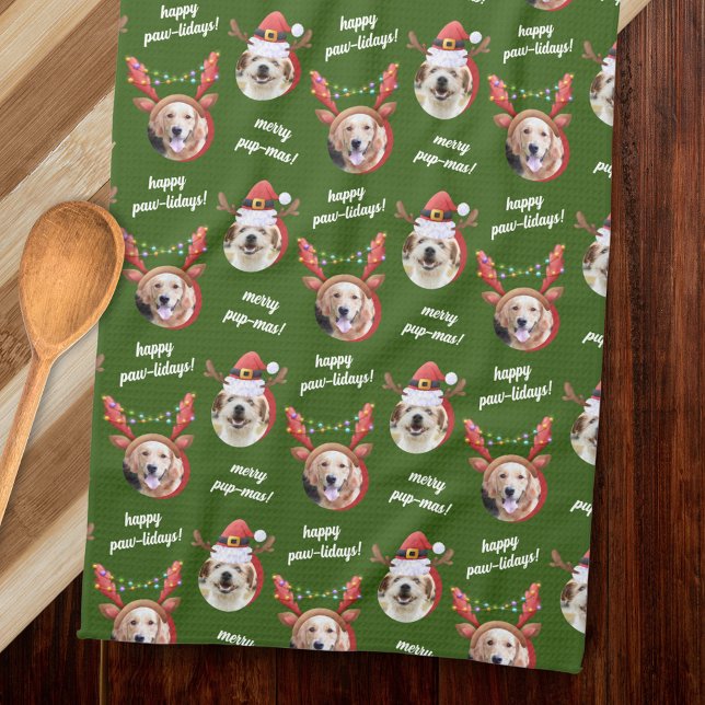 Two Dog Photo Santa Reindeer Antler Hat Christmas Kitchen Towel (Creator Uploaded)