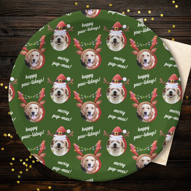 Two Dog Photo Santa Reindeer Antler Hat Christmas Paper Plates (Creator Uploaded)