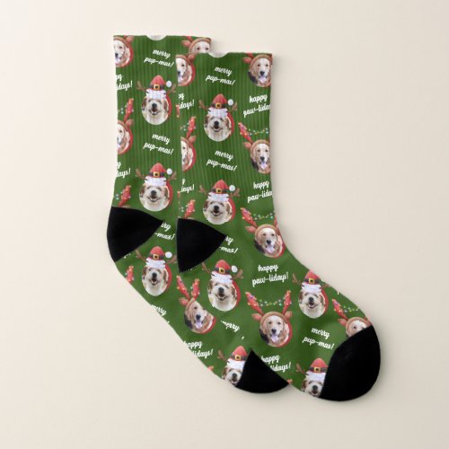 Two Dog Photo Santa Reindeer Antler Hat Christmas Socks