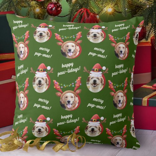 Two Dog Photo Santa Reindeer Antler Hat Christmas Throw Pillow
