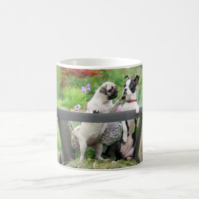 Two dogs a pug puppy and Boston Terrier in a cart Coffee Mug (Center)