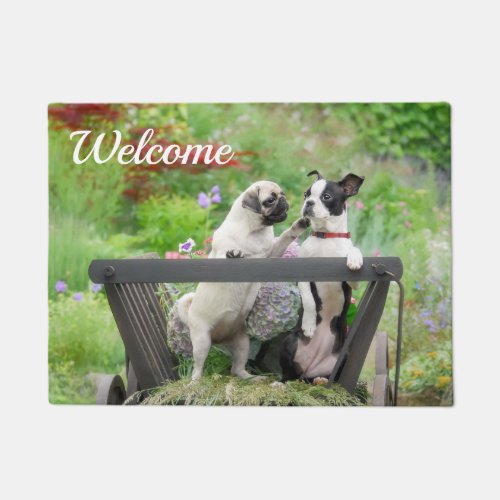 Two dogs a pug puppy and Boston Terrier in a cart Doormat